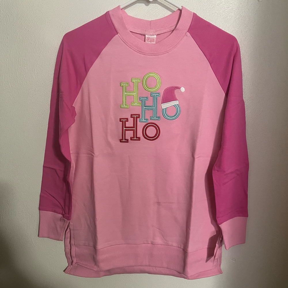 RICRAC & RUFFLES Embroidered Ho Ho Ho Lightweight Crewneck Pink Women's Size XS